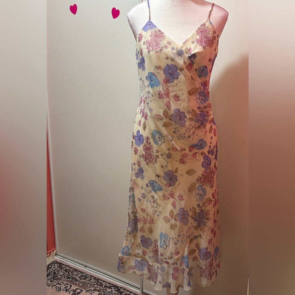 New York & Company Cream Floral Spaghetti Strap Ruffle Dress